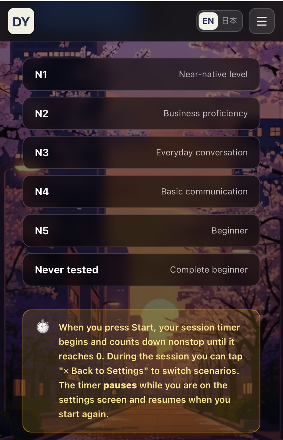 Choose your Japanese level