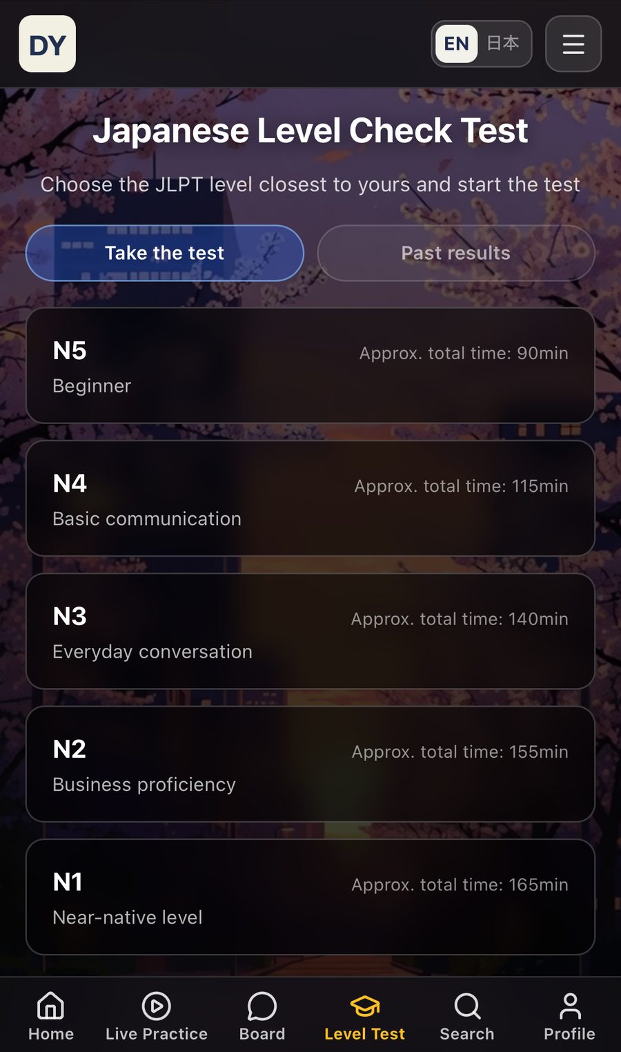 Choose the JLPT level closest to yours